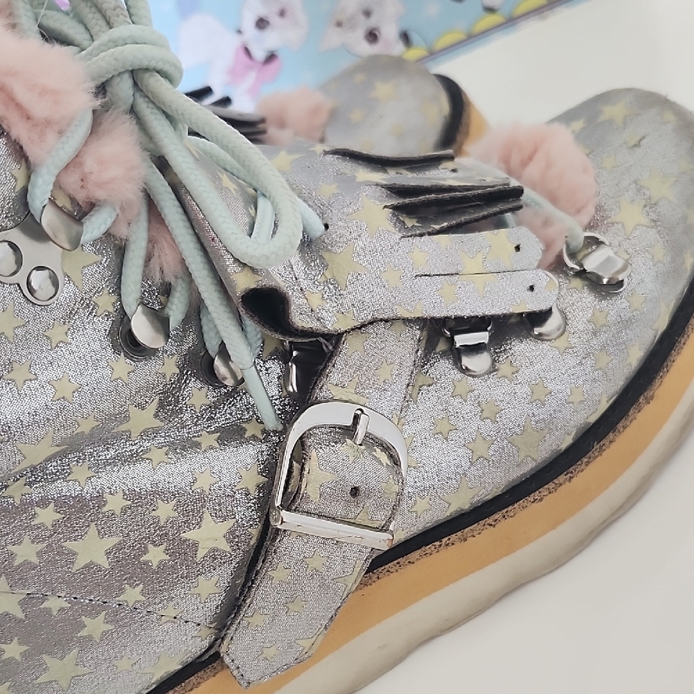 Irregular Choice Silver Star Fringe Boots with Pink Faux Fur Trim - Picture 11 of 16